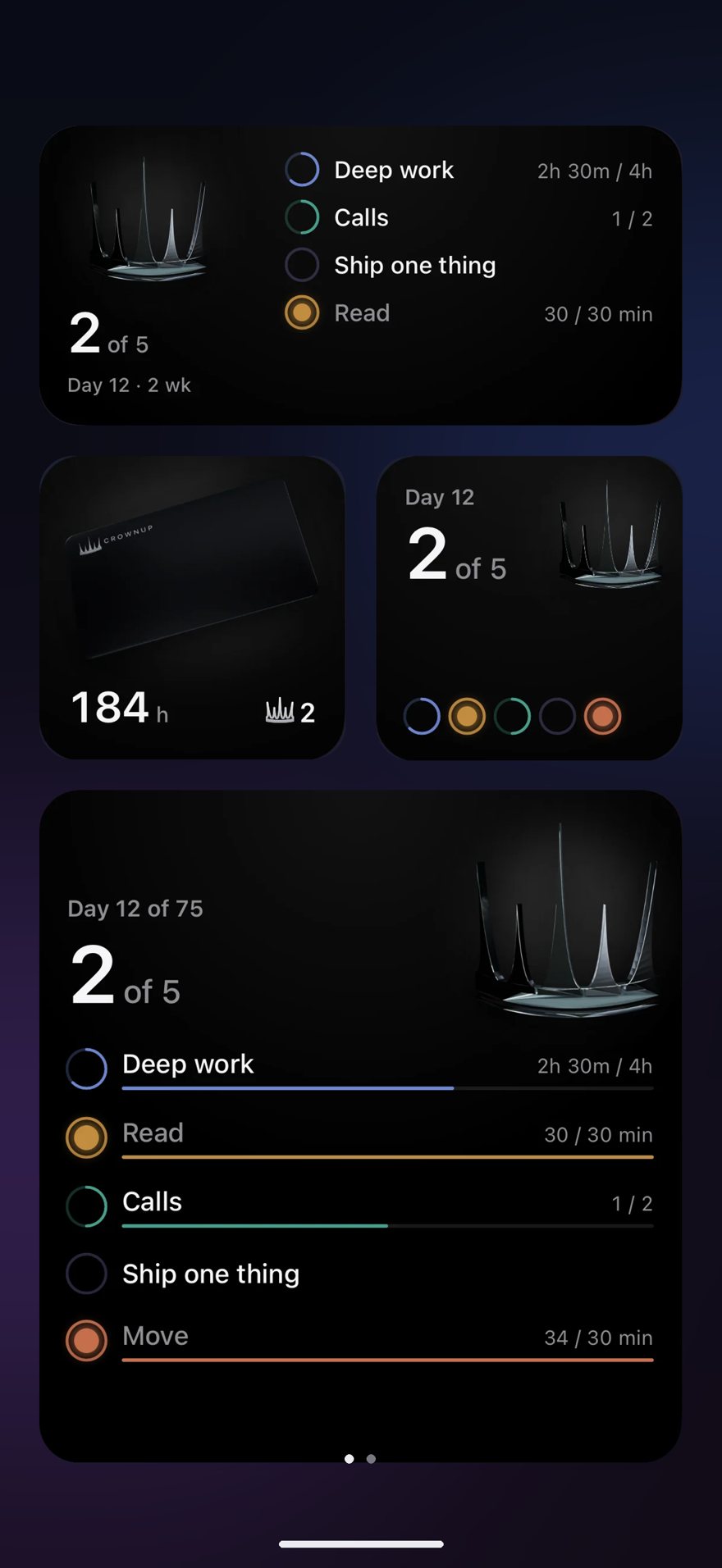 Crownup widgets on the Home Screen and a live focus timer on the Lock Screen