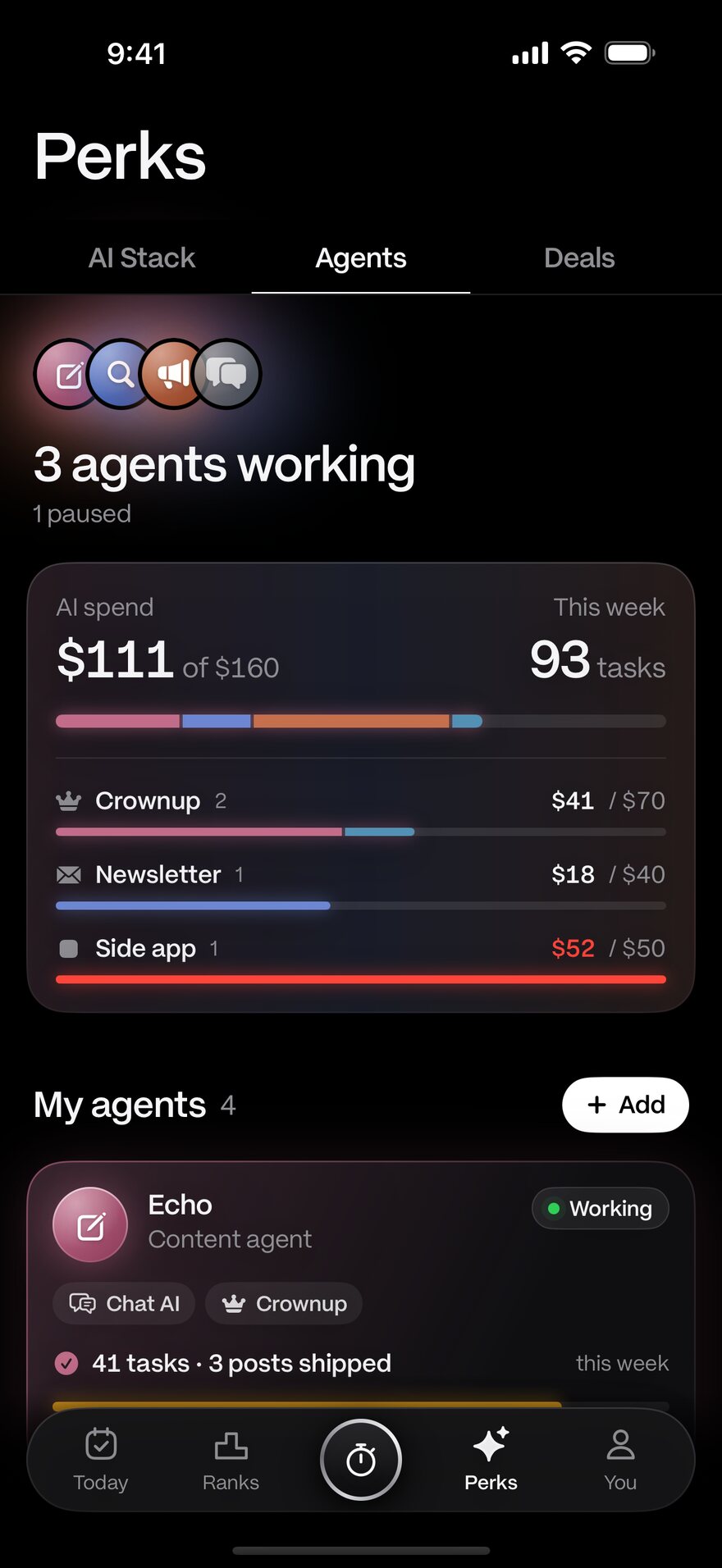 My agents: 3 agents working, AI spend against budget per project, and agent cards